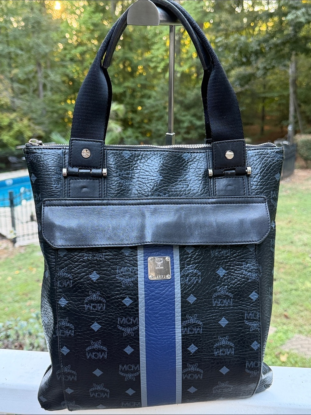 MCM Black and Blue Monogram Leather Crossbody Tote